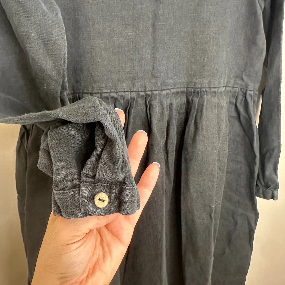 Son de Flor‎ Black Linen Dress XS Long Sleeve Cottagecore Minimalist Pockets